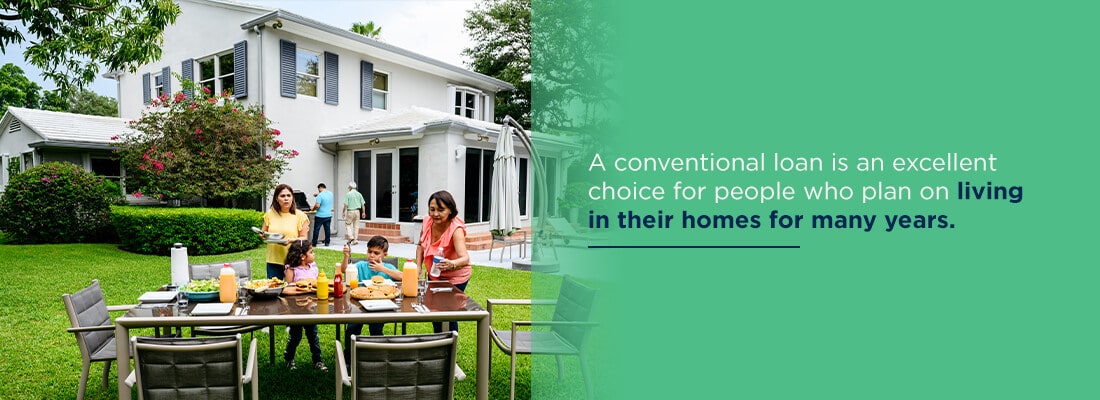 Family sitting at table with text about conventional loans.