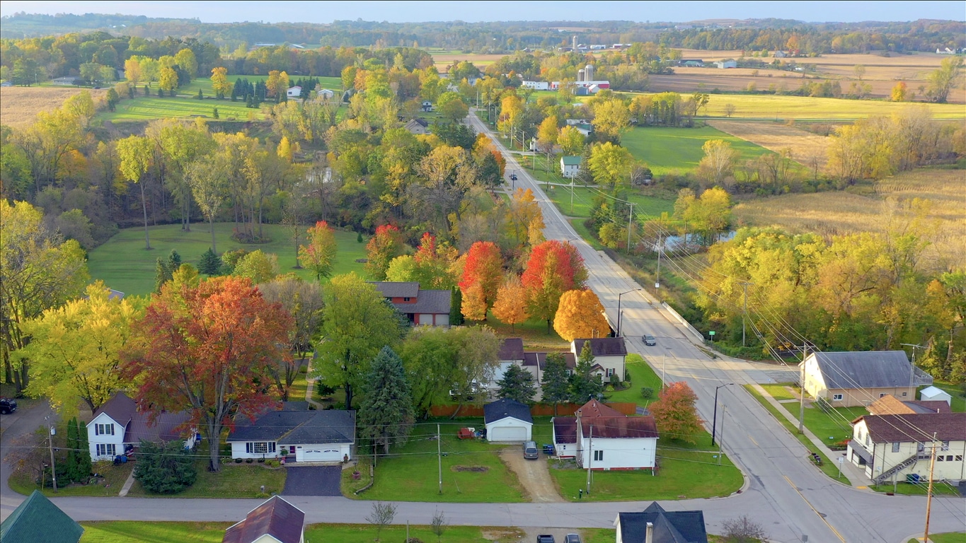 an aerial view of a small town with houses and trees