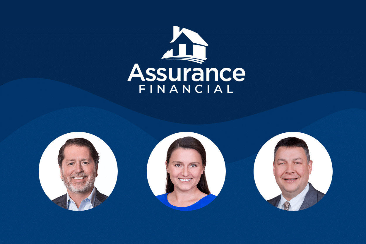 three people are smiling in front of assurance financial logo